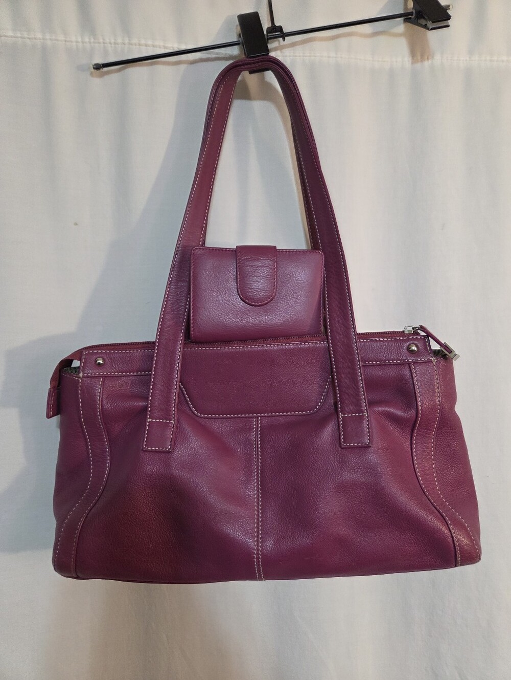 Soprano Plum Pebbled Leather East West Shoulder Bag With Matching Wallet